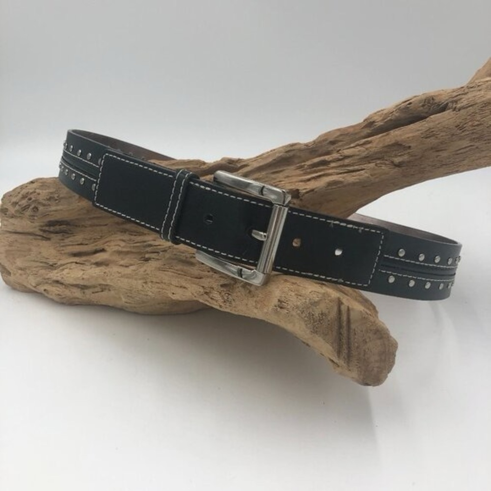 MICHAEL Michael Kors Black Leather Belt with Silver Buckle and Studs